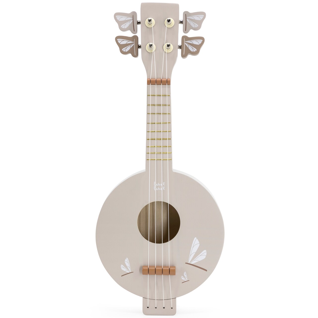 Label Label: Wooden Banjo - Tan - Musical Instrument Toy, 4 High-Quality Strings, Tuning Pegs, Classic Banjo Sound, Dragonfly Design, Kids Ages 3+